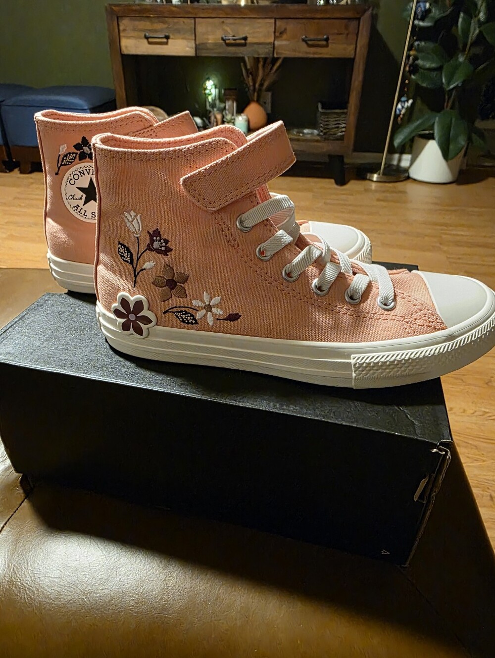 Converse Pink Floral High-Top Sneakers with Strap - Kids Custom
